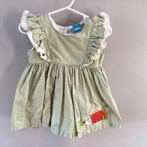 Miss Marmalade Baby Dress 12/18M Ruffled Sleeves Green Cotton Embroidered Hedgeh